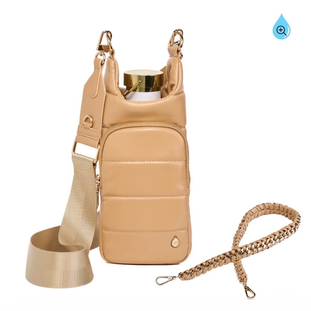 WanderGull Tan Vegan Leather Crossbody Bottle Holder Bag with Gold Hardware